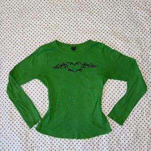 Green Long Sleeve Top with Black Heart Design